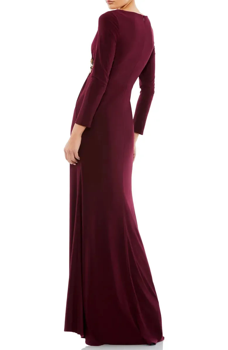 Elegant Fitted V Neck Long Sleeve Zipper Up Floor-Length Prom Dress